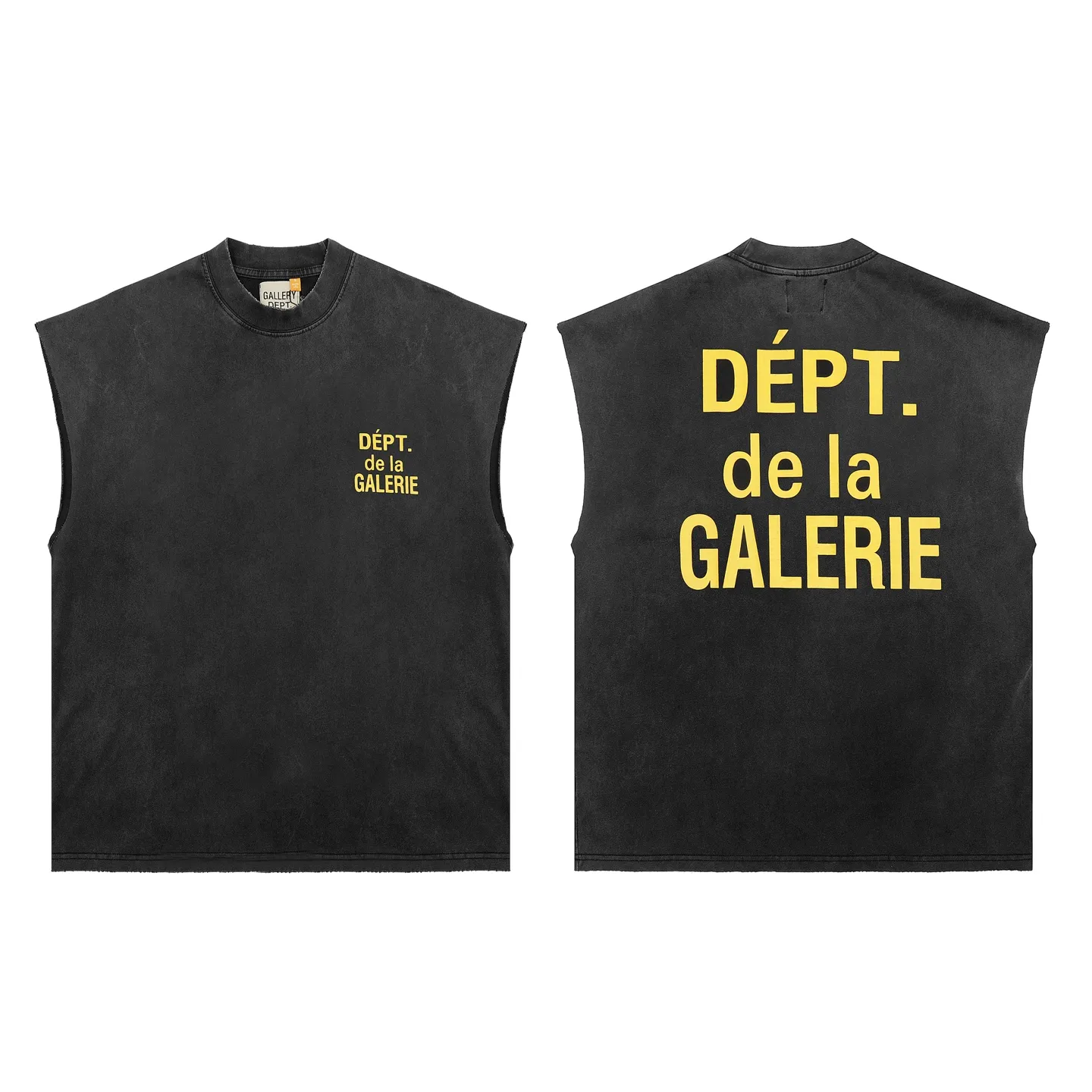 pt model number #G1002 P110 GALLERY DEPT. Old and frayed sleeveless waistcoat short sleeves. Basic black and gold letter printing. Made of 280G double yarn pure cotton. The fabric is comfortable and stylish. After washing and distressing, the upper body becomes more fashionable and cool. The collar and hem are frayed. The US version is too large. Color: washed black. Size S/M/L/XL